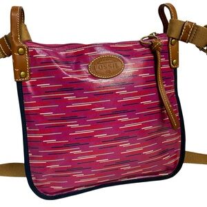 FOSSIL  KEYPER HOT PINK,FUCHSIA,BERRY STRIPE CANVAS PVC CROSSBODY.